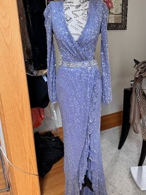 Mac Duggal Lavender Sequin Long Sleeve Wrap Gown